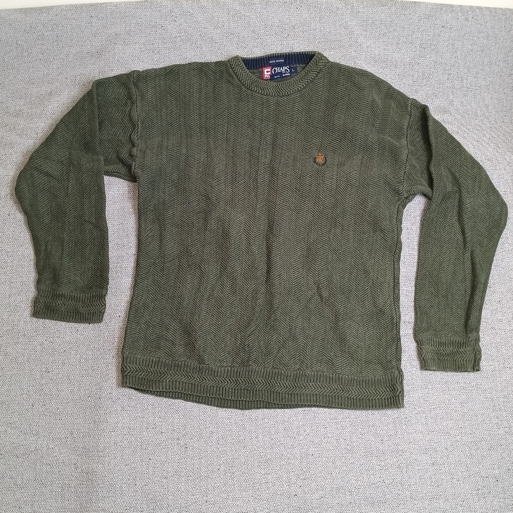 Chaps Ralph Lauren Sweater Mens L Green Excellent Herringbone Cotton Crewneck